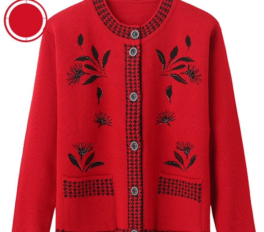 

Middle and old age autumn women's sweater coat cardigan mother's spring, Wine red