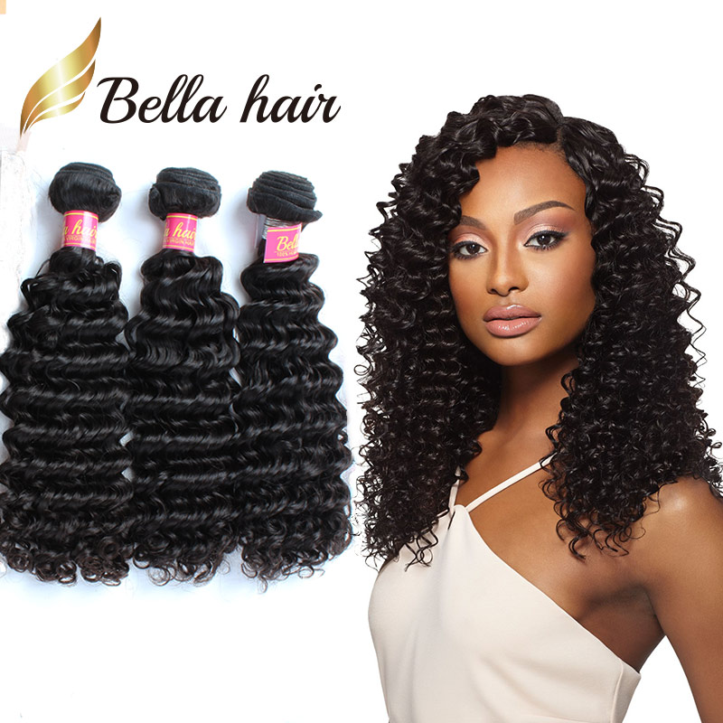 

9A Gorgeous Curl Brazilian Human Weft 10-26inch Black Color Deep Wave Wavy Hair Extensions 3 Pieces Thick Hair BELLAHAIR, Natural color