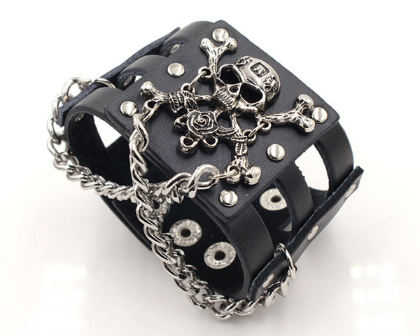 

Unisex Rock Rivet Wide Cowhide Skull Bracelet Punk Leather Hollow Cuff Bangle Black Leather Dance Bracelet, Golden;silver