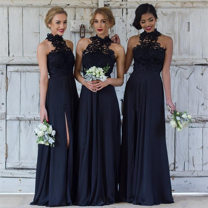 Setwell Lace Navy Blue Bridesmaid Dresses Sexy Halter Split Wedding Guest Dress Sheer Backless Chiffon Cheap Maid of Honor Gowns