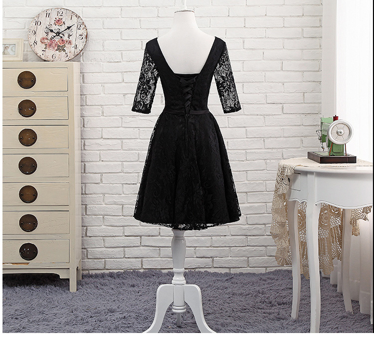 

Elegant Black Lace Bridesmaid Dresses V-Neck Half Sleeves Lace-up with Zipper Back Knee Length Royal Blue,Burgundy Bridesmaid Dresses Cheap