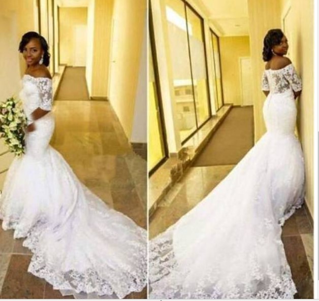 

2022 Sexy Off the Shoulder Mermaid Wedding Dress Lace Appliques Plus Size Bridal Gowns Court Train 3/4 Sleeves Trumpet Vestidos De Noiva, White