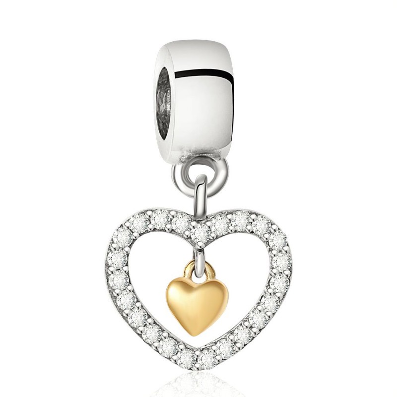 

Sparkling Heart Charm Bead 925 Sterling Silver Jewelry Little Heart Inside with Gold Plated Charm For European Women DIY Brand Bracelets, Black