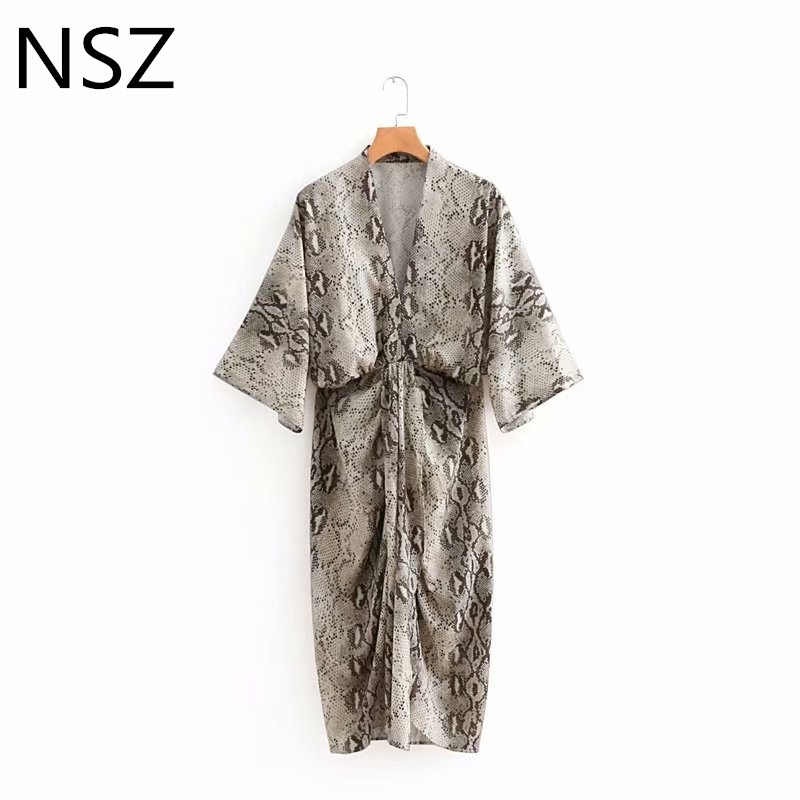 Femmes serpent robe imprimé Animal demi manches taille haute Sexy col en V genou longueur fendu Street Style élégant robes de soirée