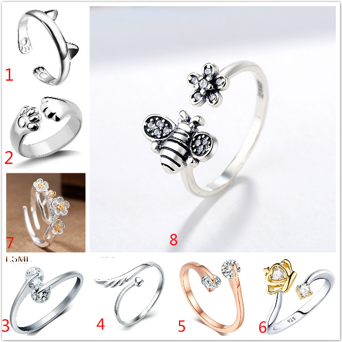 

925 Sterling Silver Plated Adjustable Open Cat Bee Rings Crown Butterfly Engagement Wedding Ring Jewelry Gifts For Women Girls, Slivery;golden