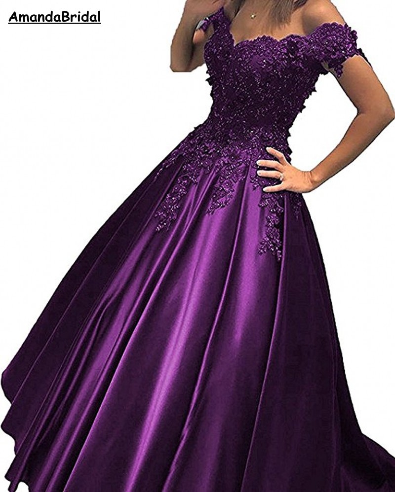 

Amandabridal Corset Back Ball Gown Prom Dresses 2021 Long Off Shoulder Lace Beads Satin Evening Party Gowns With Flowers, Purple