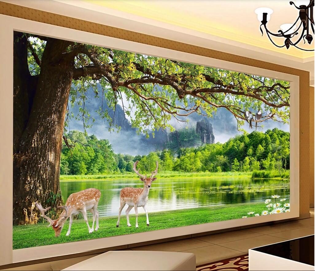 

3d wallpaper custom photo HD big tree sika deer lake landscape painting background wall interior for home murals wallpaper for walls 3 d, Picture shows