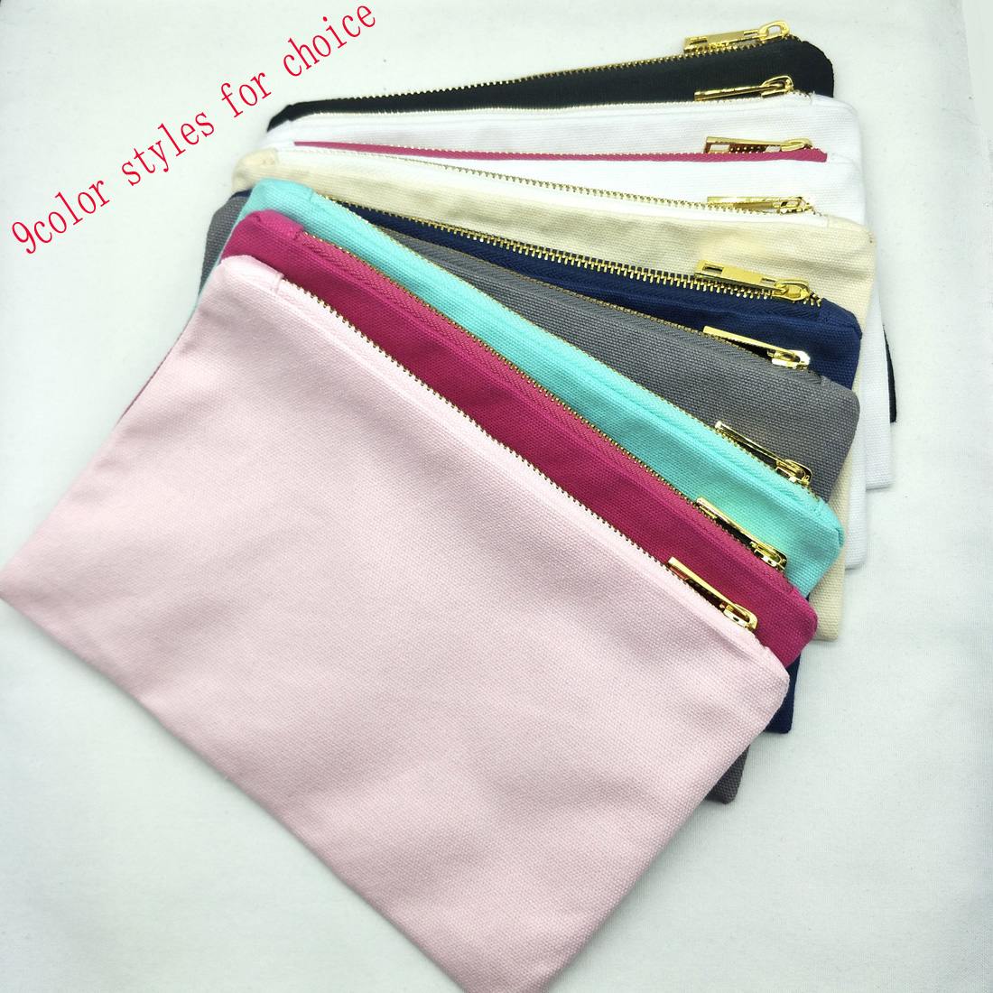 

9color styles cotton canvas makeup bag with gold zip gold lining black/white/cream/grey/navy/mint/hot pink/light pink toiletry bag in stock