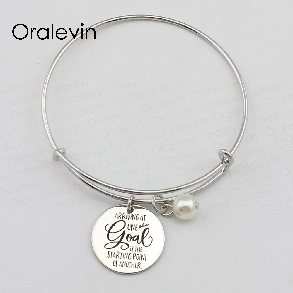 

ARRIVING AT ONE GOAL IS THE STARTING POINT OF ANOTHER Inspirational Hand Stamped Pendant Wire Bracelet Bangle Jewelry,10Pcs/Lot, #LN2394B, Golden;silver