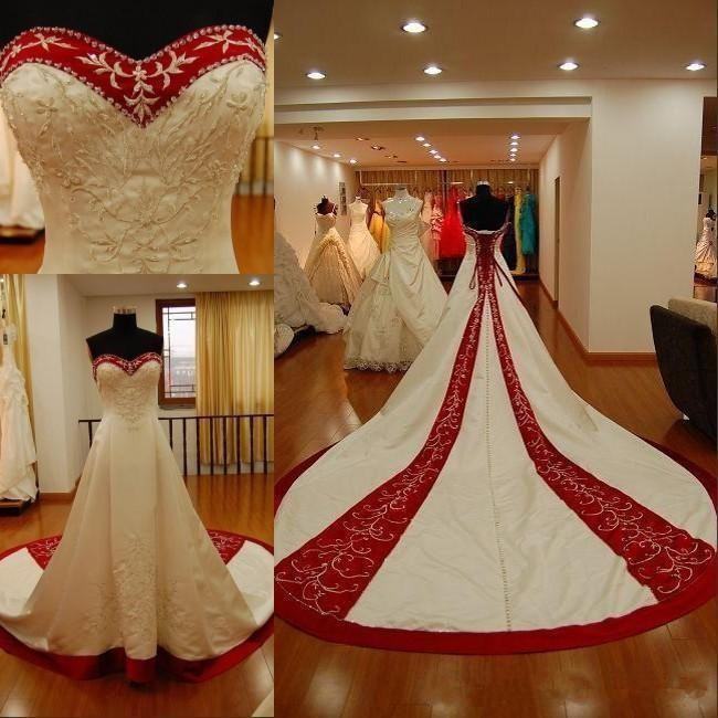 White and Red Embroidery Wedding Dresses 2019 Custom Made New Sleeveless Court Train Lace-up Back A-Line Satin Sweethart Bridal Gowns W023