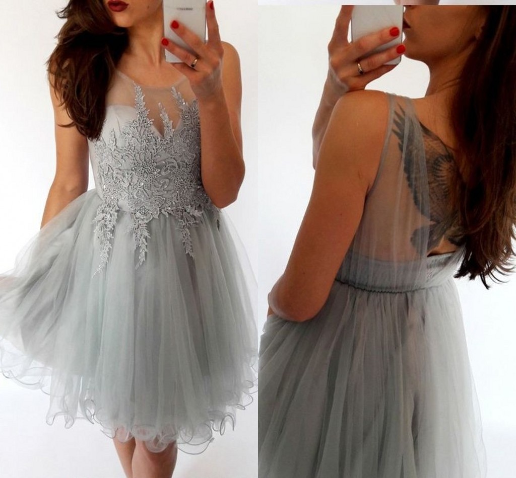 

2018 Sliver Tulle Cheap Homecoming Prom dresses Jewel Sheer Neck Empire Open Back Pleated Applique Lace Sequin Party Graduation Dress New, Royal blue