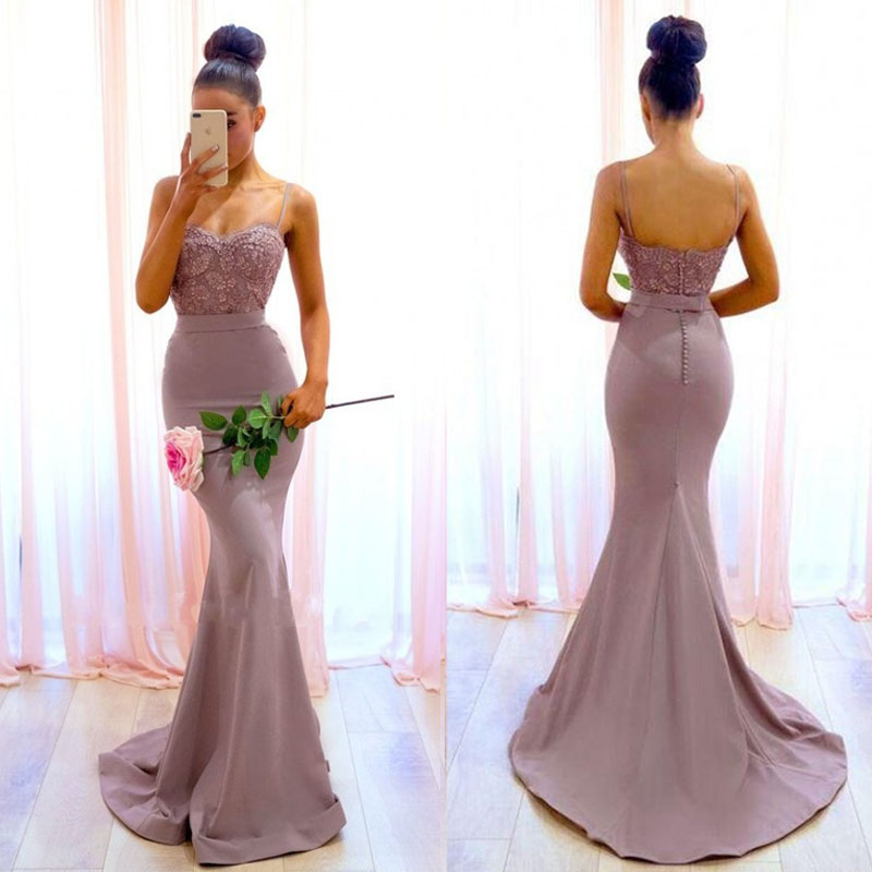 

2018 Elegant Mermaid Bridesmaid Dresses Sweetheart Spaghetti Straps Lace Satin Backless Long Bridesmaid Gowns Sweep Train