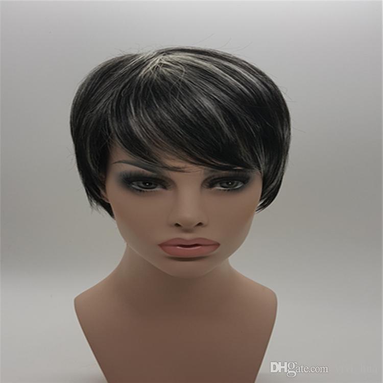 

XT1026 Fashion cool Black Mixed White Hair diagonal bangs Short straight hair High Heat Syntheic Fiber Hair Natural Wig 8inch