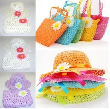 

Kids Straw Hats Handbag Suit Kids Flower Sun Caps Totes Baby Sunflower Sunhat Beach Bags Child Summer Casual Straw Tote Beach Hats HN08, As pictures
