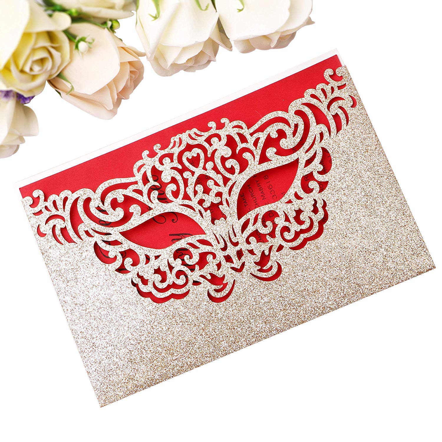 

New Arrival Mask Invitation Cards for Makeup Masquerade Party Decorations And Halloween Dance Party (Light Gold Glitter + Red Insert)