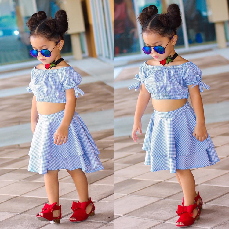 

2018 New Fashion Baby Girl Blue Plaid Bowknot Puff Sleeve Top With Pleated Cake Skirts 2Pcs sets Kids Cotton Clothes Suits, As photo