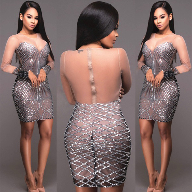 

Women Sexy See Through Party Dress Formal Christmas Dresses Sequined Mesh Gown Evening Dressing, White;black