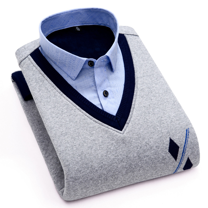 New Design Men Shirt Long Sleeve Winter Warm Shirts Men's Plus Velvet Thickening Fake Two Pullover Sweater Social Men's Clothing