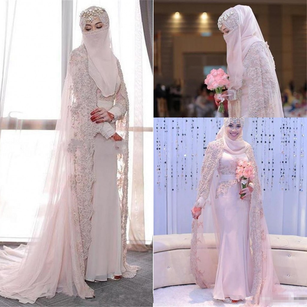 

Sparkly Luxury Lace Beaded Mermaid Wedding Dresses With Cape 2018 High Neck Hijab Muslim Kaftan Caftan Long Sleeve Church Bridal Dress, Silver
