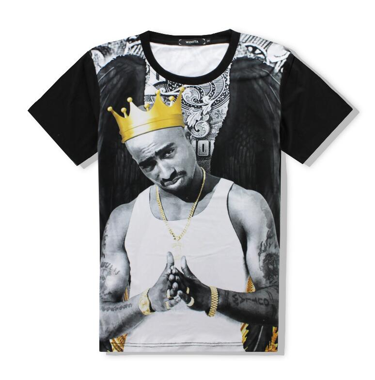 

Brand Designer-tshirt 3d t-shirt for men hip hop tops print rap singer Tupac 2PAC crown tees summer cool t shirt slim, White;black