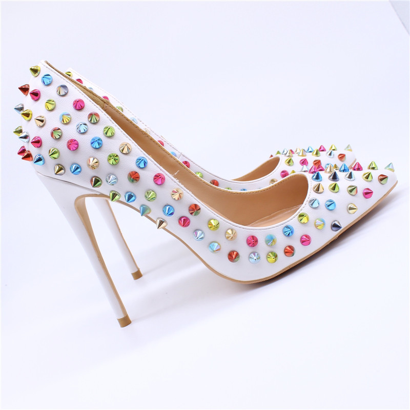 

Free Shipping women lady woman 2018 fashion white leather Multi spikes Poined Toes Wedding heels Stiletto High Heels shoes pumps boots 12cm