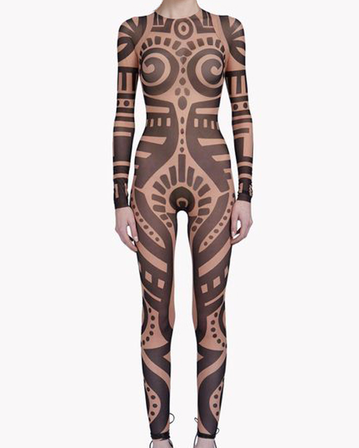 

Summer Women VintageTribal Tattoo Print Mesh Jumpsuit Curvy African Runway Sheer Bodysuit Celebrity Jumpsuit Catsuit, 8058