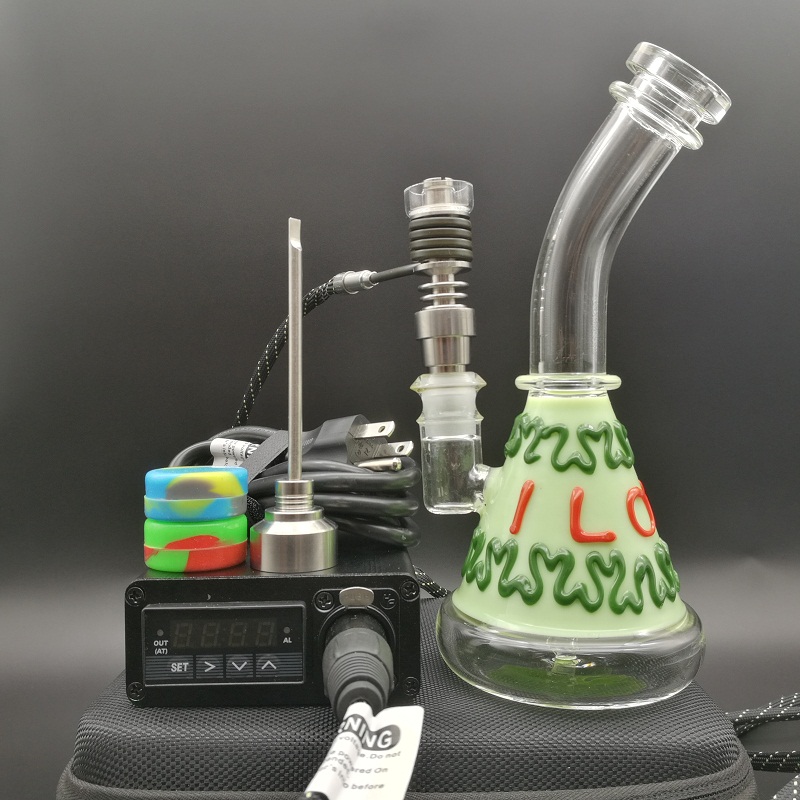 

Wonderful E digital Nail kit D electric Nail heater Coil PID box with Glass water bong exquisite pattern dab oil rig DHL free