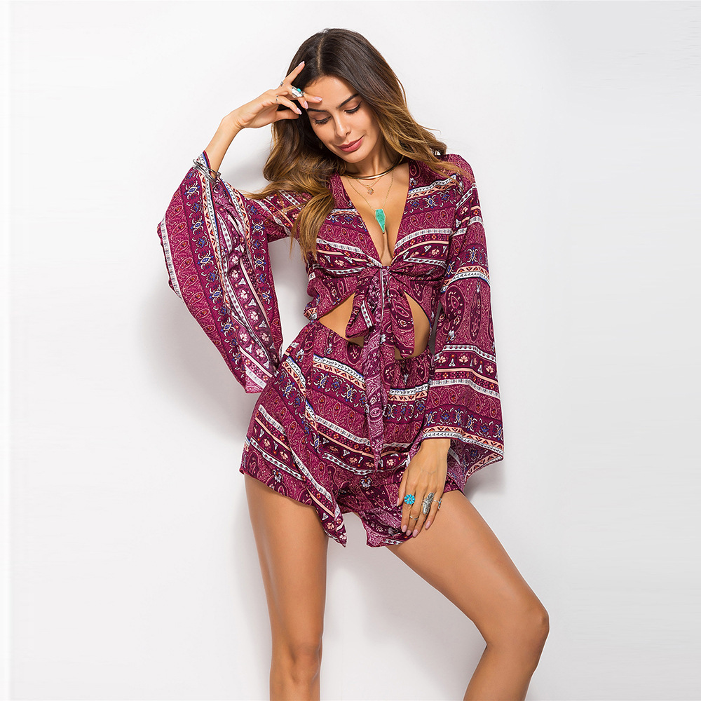 

Women Jumpsuits & Rompers Sexy V Neck Floral Print Hollow Out Casual - XL Long Sleeve Europen American Fashion Beach Clothes, Wine red