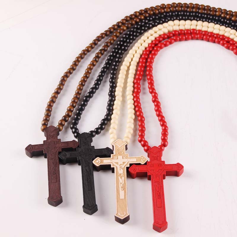 

NEW Discount wooden cross pendant necklace wood beads cord sweater chain men women jewelry handmade stylish