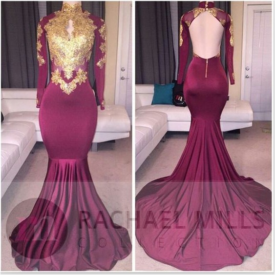 

2018 New Burgundy Long Sleeves Gold Lace Prom Dresses Mermaid Appliques Lace Beaded High Neck Keyhole Backless Court Train Prom Party Gowns, Hunter green