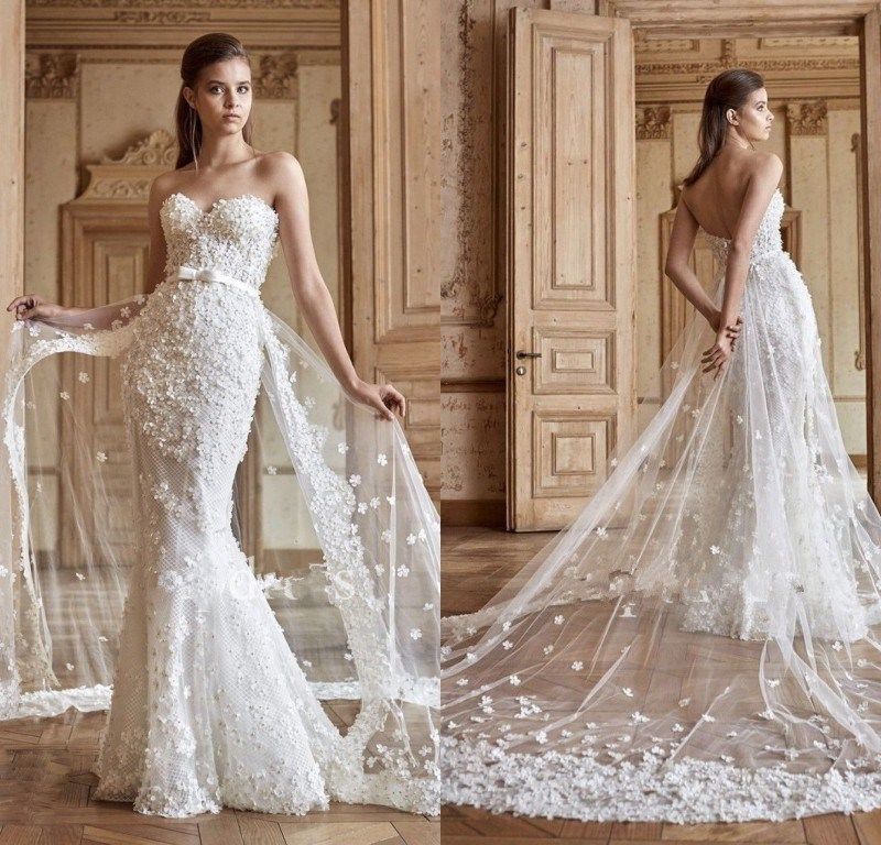 

2018 Modest Mermaid Wedding Dresses Sweetheart Neck High Quality Tulle Exquisite Applique Bridal Gowns Detachable Train Elegant Dress, Pink