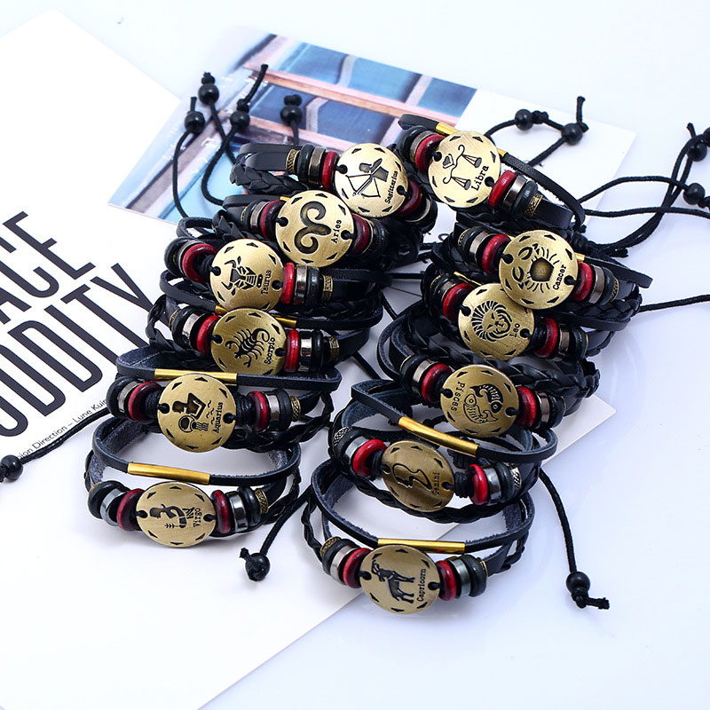 

12 Constellations Bracelet New Fashion Jewelry Leather Bracelet Men Casual Personality Zodiac Signs Punk Bracelets Free shipping