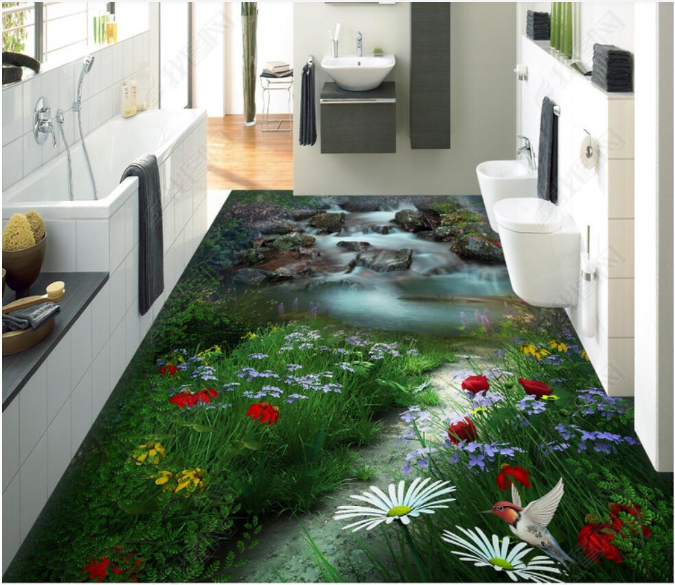 

3d pvc flooring custom photo Waterproof floor wall sticker Landscape flower and bird bathroom living room 3D floor murals wallpaper, Picture shows