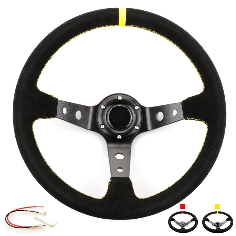 

14inch 350mm OMP Deep Corn Drifting OP Steering Wheel Racing Suede Leather Slip-Resistant Steering Wheel Red/Yellow Line With logo
