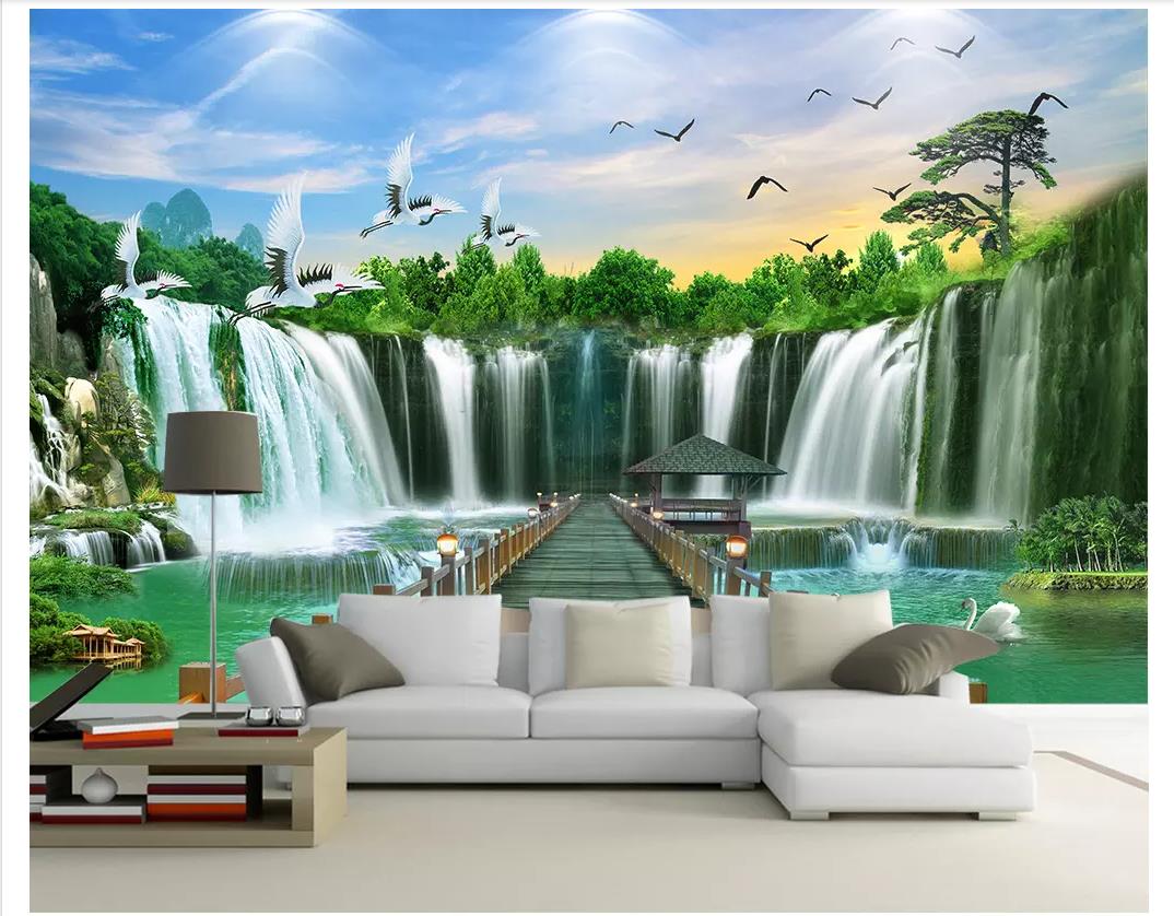 Custom 3d wall murals wallpaper 3d photo wallpaper murals Waterfall Feng Shui landscape water and wealth landscape painting background wall-image-420214185