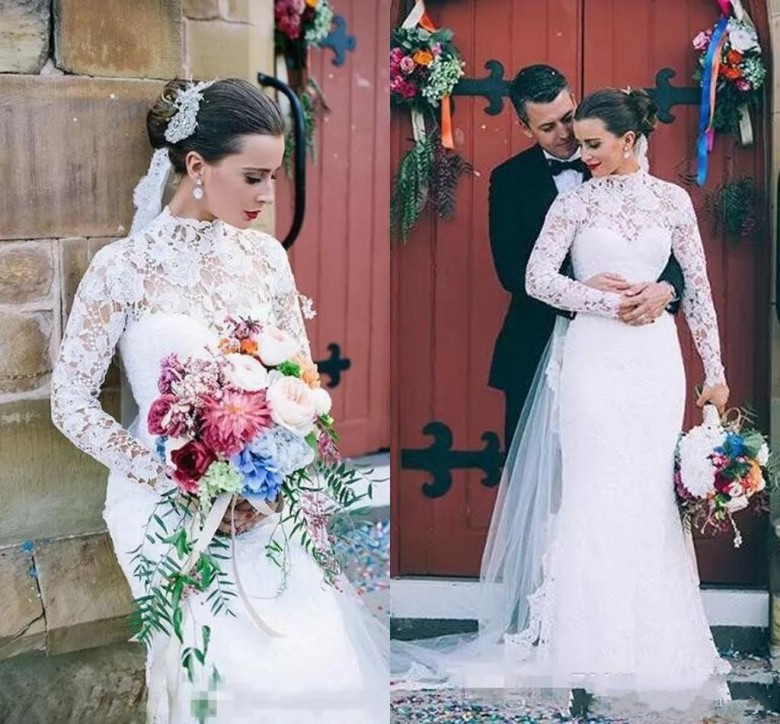 White Modest Wedding Dresses with Long Sleeves Mermaid 2017 Vintage High Neck Full Lace Bridal Gowns Elegant Fall Winter Wedding Dress