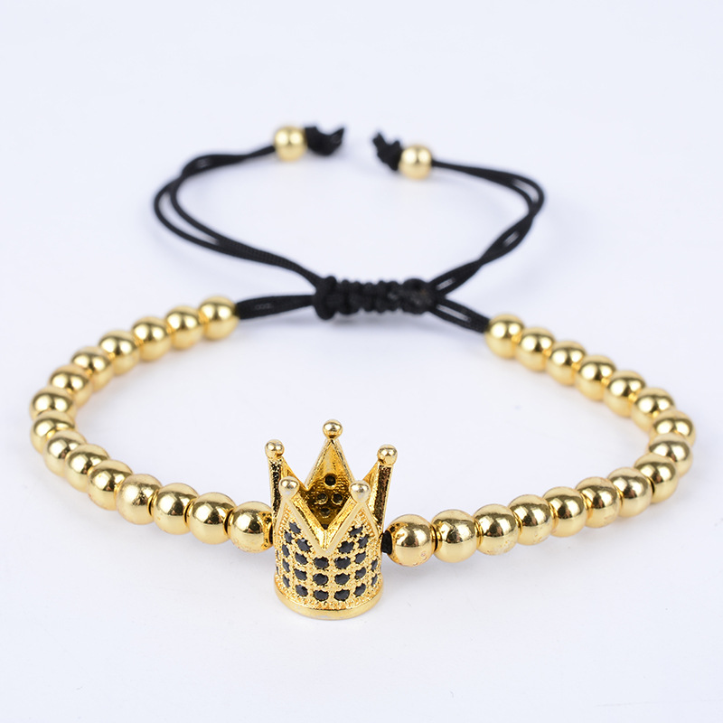 

Fashion Men's Gold Color Imperial Micro Pave Crystal Crown Charm Bracelet Braiding Weave Bead Macrame Bracelet