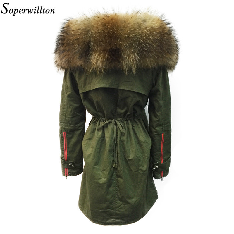 Soperwillton New 2018 Winter Jacket Women Real Large Raccoon Fur Collar Thick Loose size Coat outwear Parkas Army Green #A050 S18101102