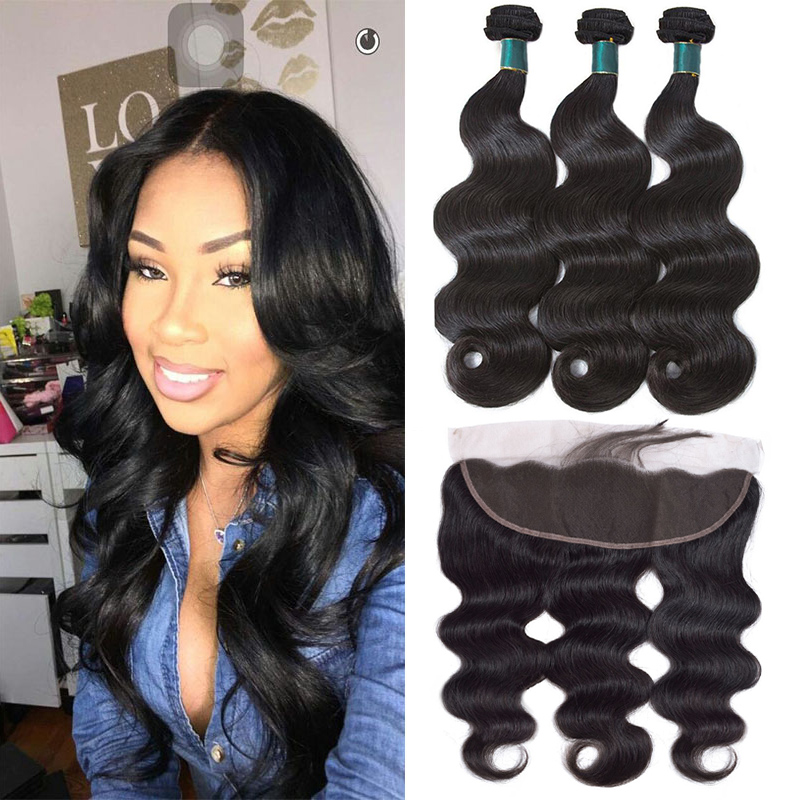 

Body Wave Human Hair Bundles With Frontal 100% Brazilian Remy Human Hair Weave 3 Bundles With 13*4 Lace Frontal Hair Extensions 12-26 Inch