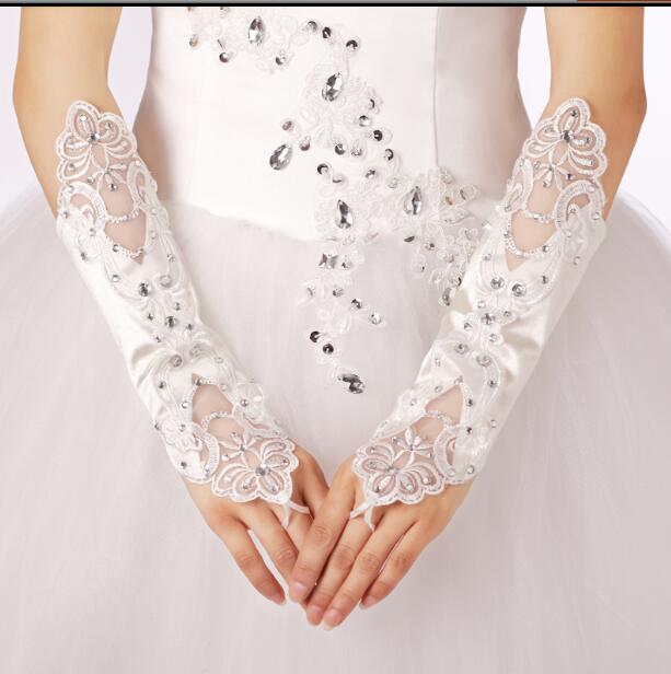 

Beautiful Beaded lace Bridal gloves sparkling diamond For wedding sexy transparent long Women Lady Wear gloves Free Shipping, Beige