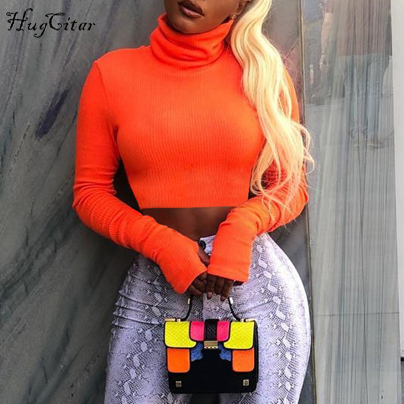Hugcitar high neck long sleeve solid sexy crop tops 2018 autumn winter women fashion christmas party T-shirts