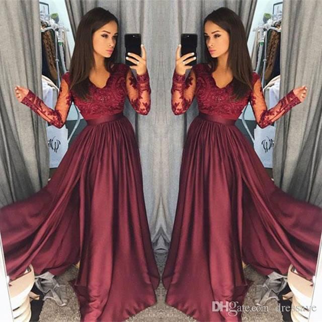 

2019 Burgundy Prom Dresses Satin Lace V-neck A-line Long Sleeves Zipper Formal Evening Dresses Custom Made Party Gowns, Orange