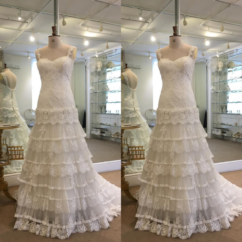 

Real Photos 2018 Lace Tiered Boho Country Wedding Dresses Long Elegant Applique Bridal Gowns Plus Size Custom Made From China EN2267, Ivory