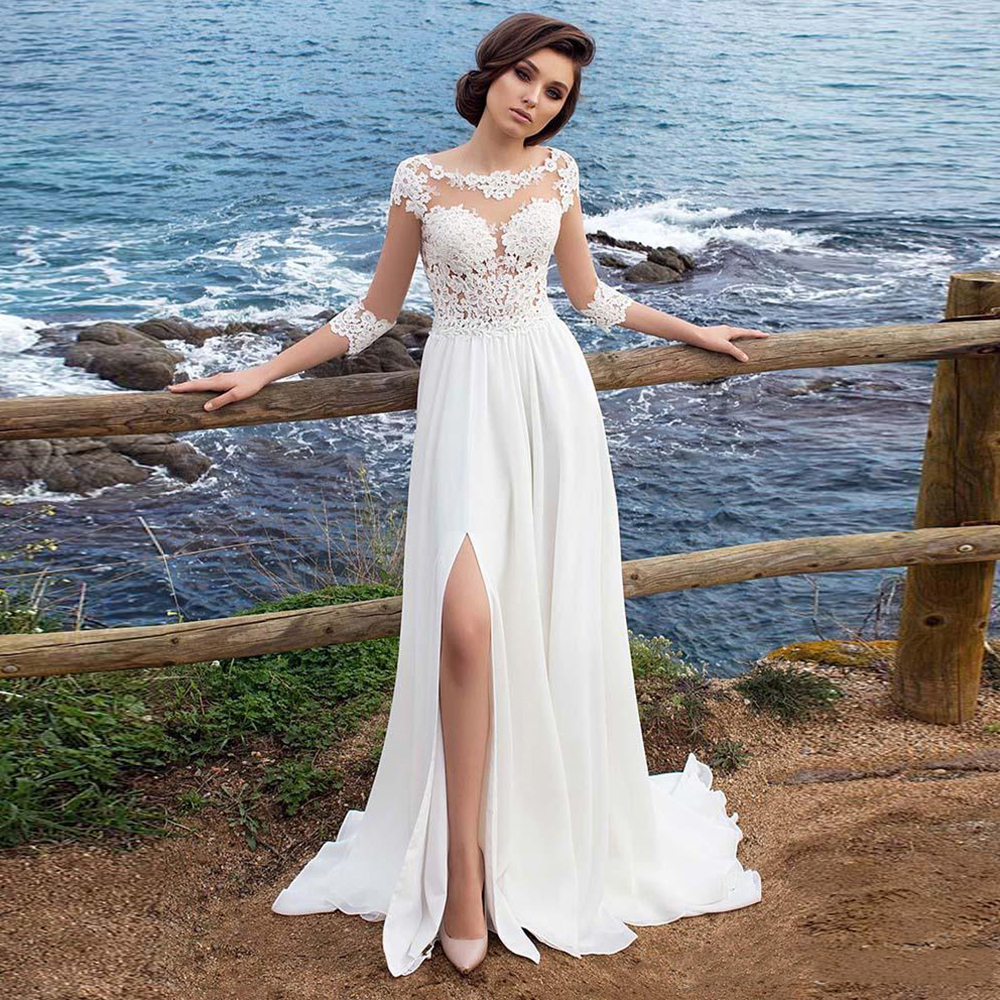 

Wedding Dress Beach Chiffon Appliques Simple Dress A-line Slit Side Vestido De Novia Playa Bridal Gown Three Quarter Sleeve Wedding Gown, White