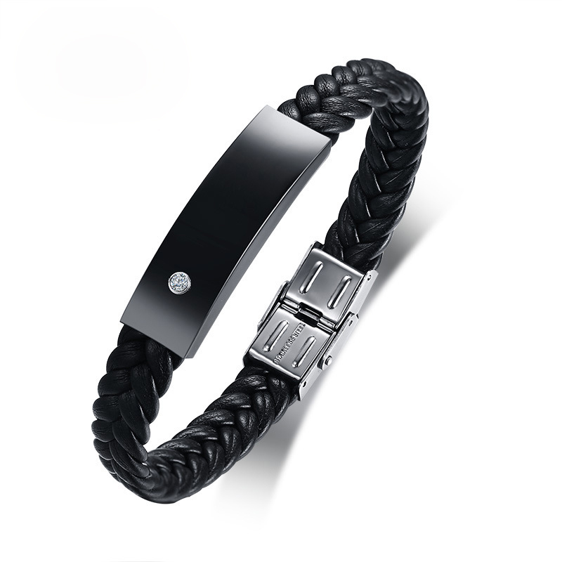 

Wholesale Black Luxury Microfiber Leather Bracelets For Men 8.46'' 10mm Stainless Steel Men Bracelets With Shiny Rhinestones