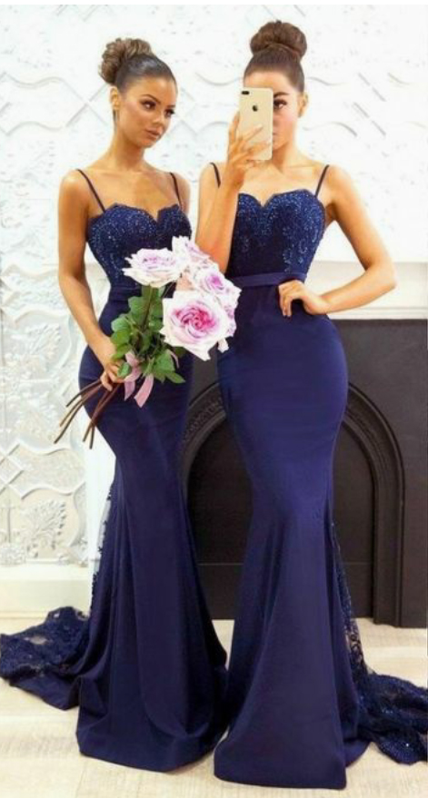 

Sexy Navy Blue Mermaid Evening Dresses Sweep Train Elastic Satin Sheer with Applique Prom gowns Custom Made