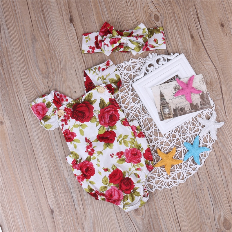 

Floral Newborn Baby Girl Clothes Ruffles Sleeve Bodysuit +Headband, White