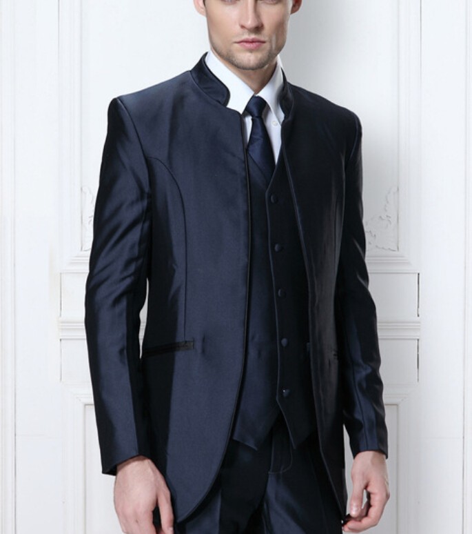 

Customize Stand collar Navy Blue Groom Tuxedos Excellent Groomsman Men Formal Men Prom Dinner Business Suit(Jacket+Pants+Tie+Vest)No:849, Same as image