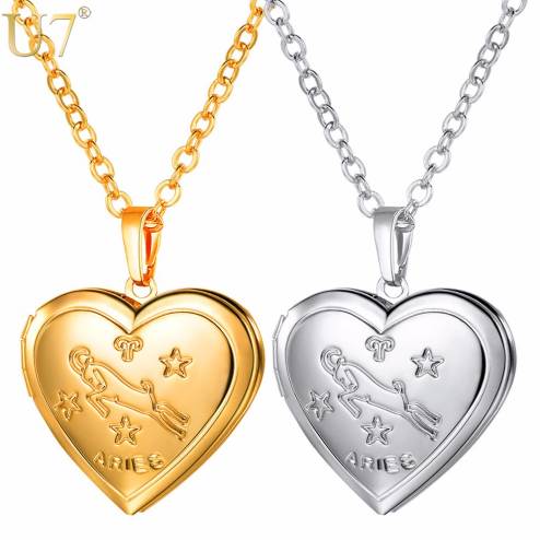 

U7 Locket Necklaces 12 Constellations/Zodiac Heart Pendant & Chain 2018 Mother's Day Gift Men/Women Jewelry Necklace P1158