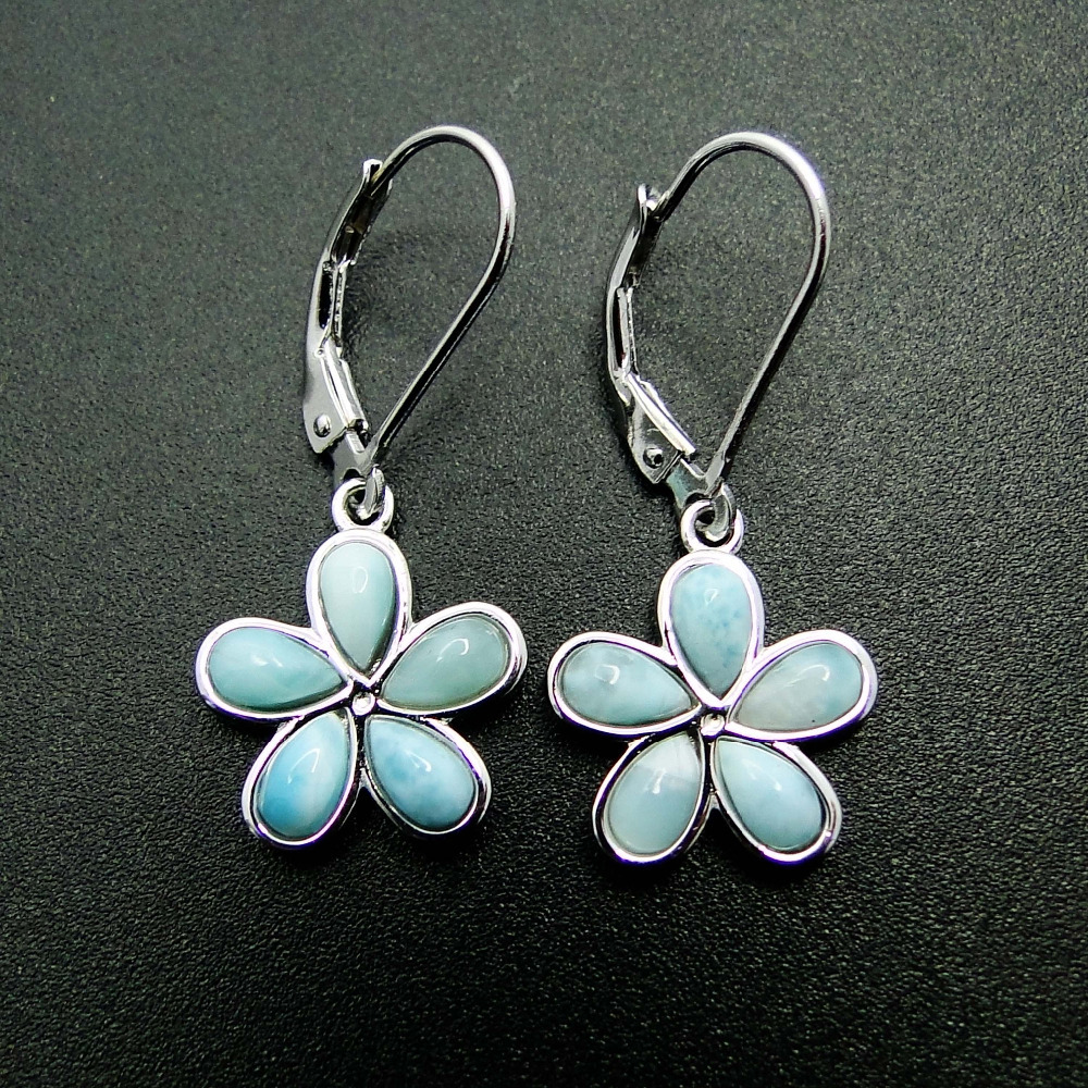 

Natural Larimar Jewelry Flower Earring Fine Jewelry Silver Dangle Earrings 100% 925 Sterling Silver Jewelry for Girl's EarringY1883003